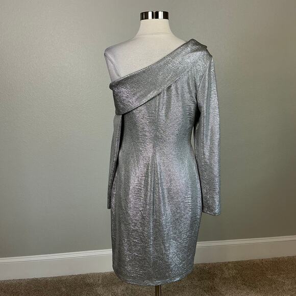 Ralph Lauren Off the Shoulder Long Sleeve Cocktail Dress Silver Size 8 Sheath - Picture 6 of 12